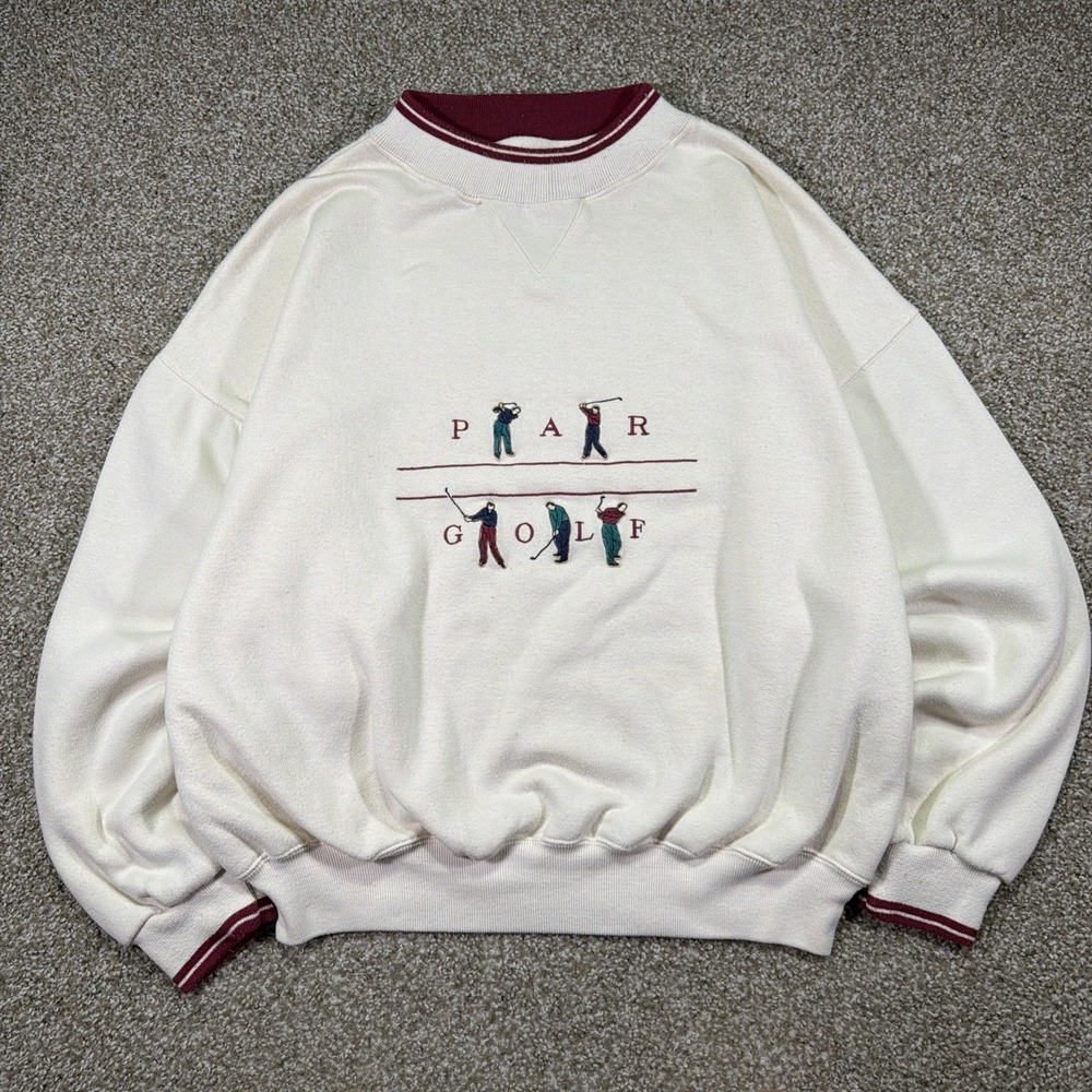 Vintage Golf Embroidered Sweatshirt Large 90s Cream Classic Essentials